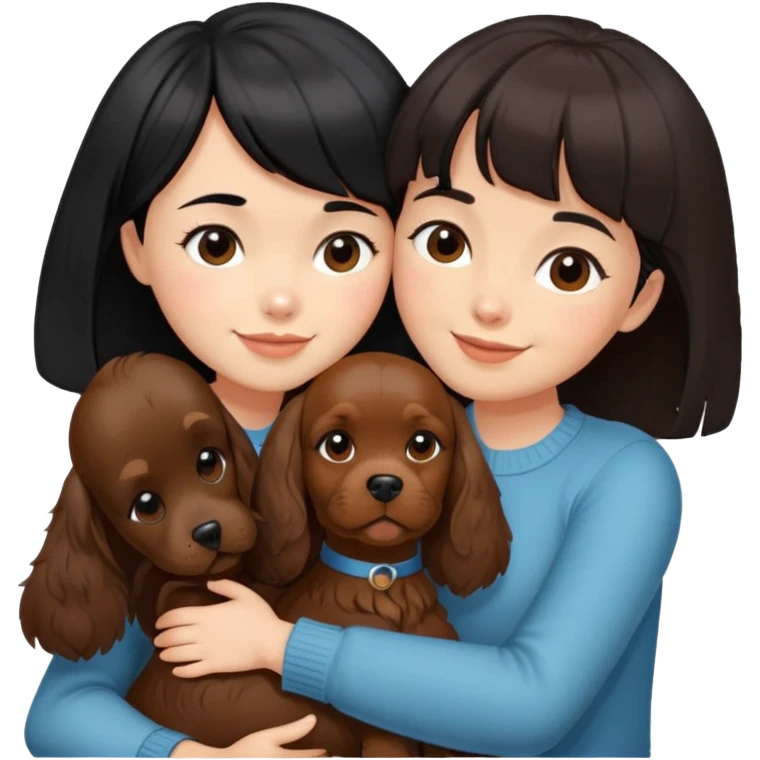 A girl with short black hair and bangs happily hugs a brown cocker spaniel emoji