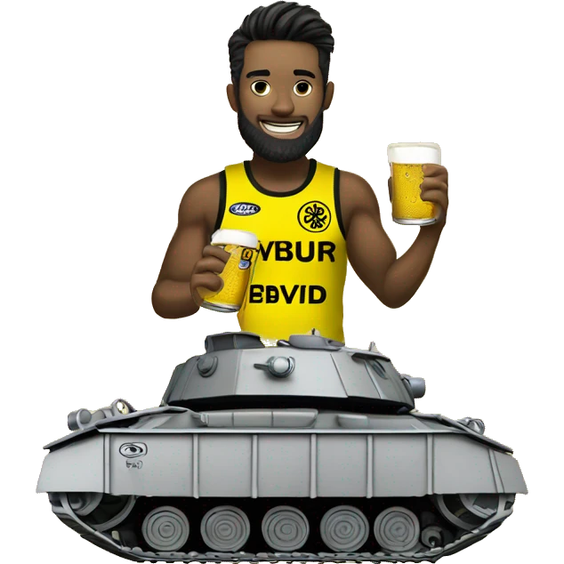 A bvb dortmund themed tank with a fan on top holding a beer.  emoji