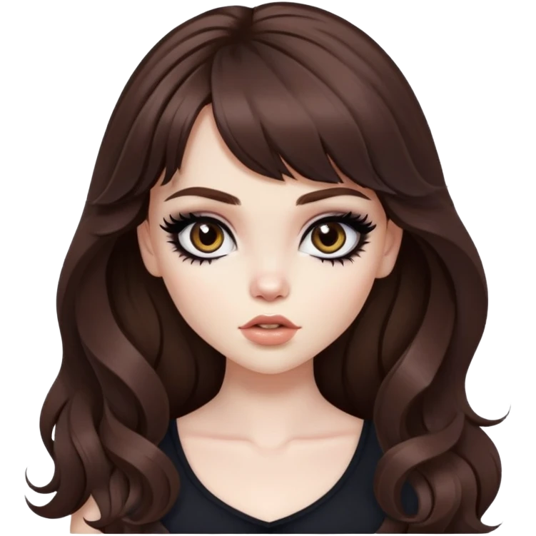 wavy brown long bangs hair, pale skin, dark black iris, pretty bratz baddie, strong black eyeliner emoji