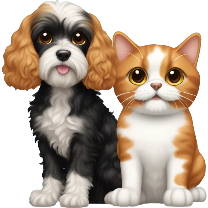 cavapoo dog next to a black, orange, and white colored calico cat emoji