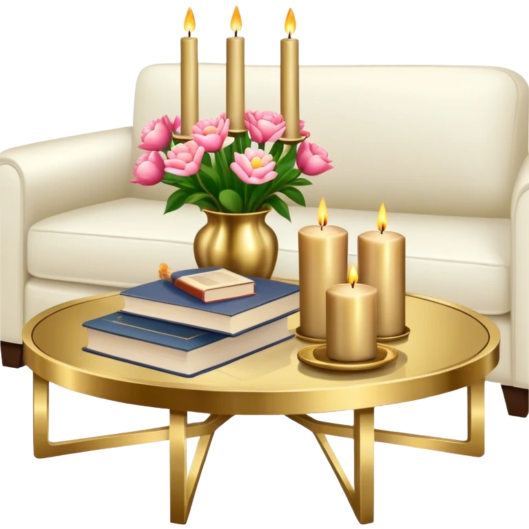 Modern brass coffee table with candles, flowers, and a stack of books emoji
