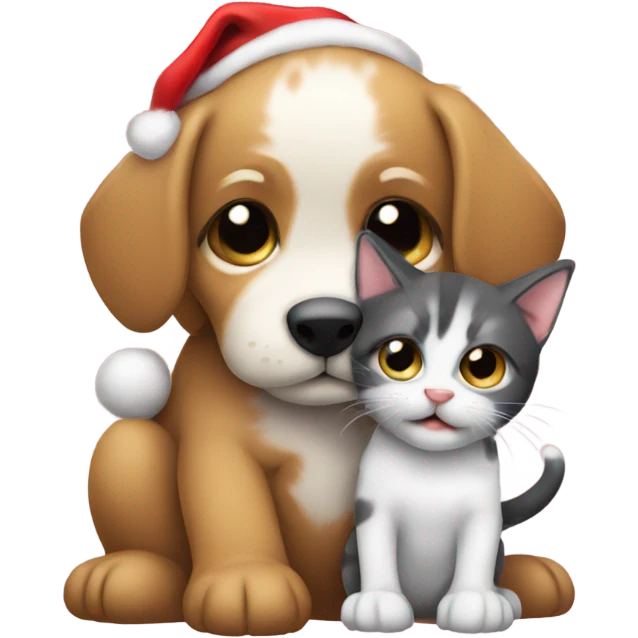 Puppy hugging a kitten wearing santa hats emoji