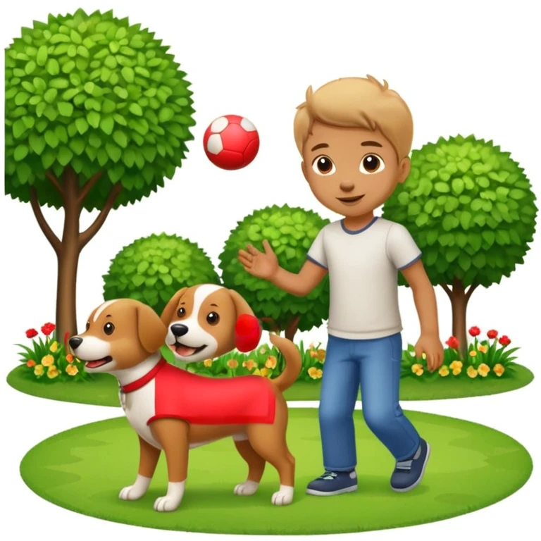 kid and dog playing with ball, garden background emoji