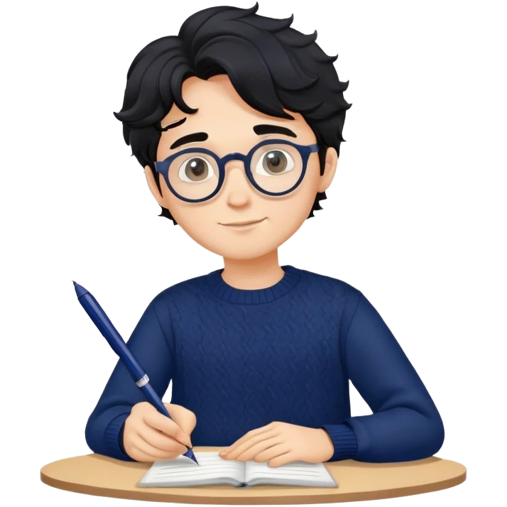 Young creative man with round glasses, wavy black hair, navy blue sweater, with pen in hand emoji