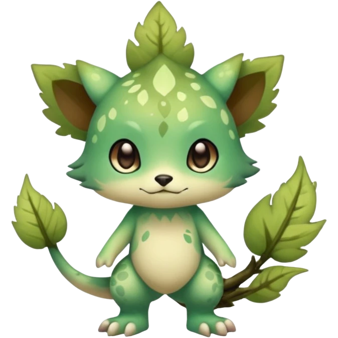 Pastel warm mossy floral elemental fantasy colorful-green-brown-gradient anime-styled edgy cool badass cute random Fakémon-creature, with random markings, full body emoji