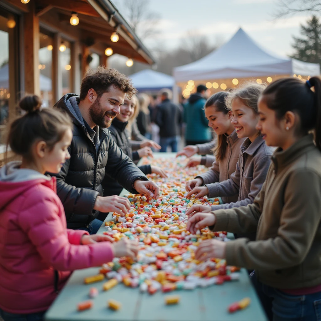 symbolic scene: pharmaceutical managers distributing candies and medicines to children and adults, fair or promotional event environment, aggressive marketing atmosphere, 4K quality emoji