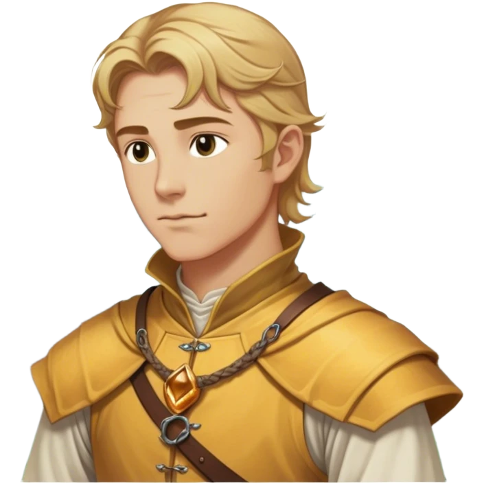 Medieval summer outfit worn by a DnD themed fantasy male character. Character has honey blonde hair swept back from the temples, reaching the nape of the neck with natural waves throughout. emoji