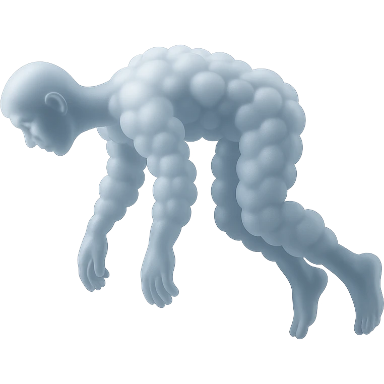 side view of unconscious person flying upwards by torso, legs and arms downwards, made of small very bright white fluffy convex clouds, matte glass style emoji