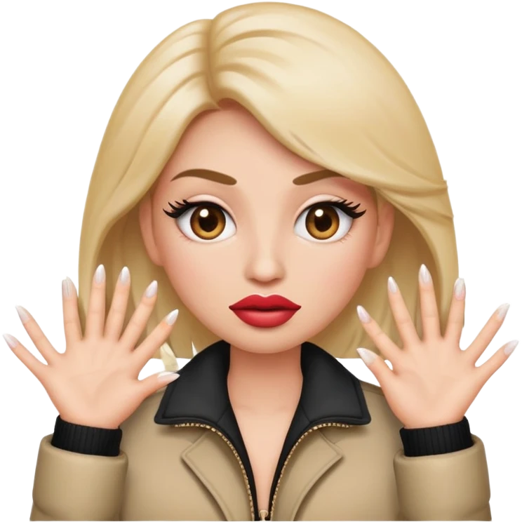 face emoji with big lips makin a face and big eyelashes and a jacket and the hands on the side with long nails  emoji