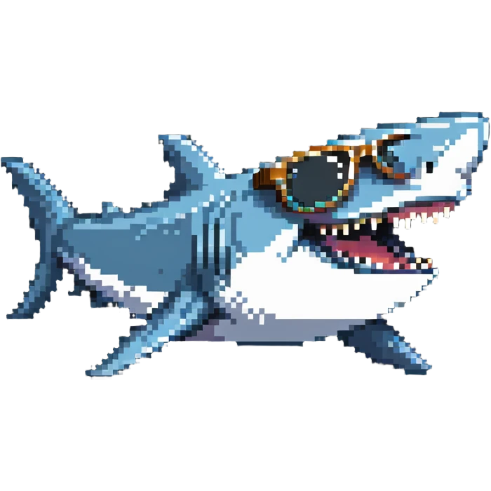 pixelated shark smiling with white teeth wearing dark sunglasses emoji