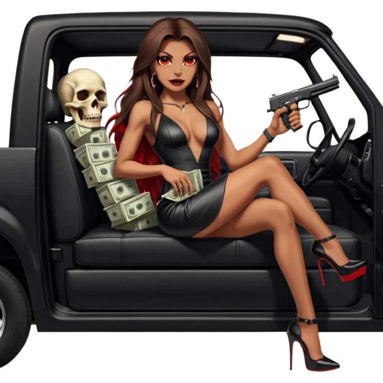Lilith symbol red eye seductress evil long brown haired sexy succubus woman with leather long dress with slit on, sitting in Big Large F350 pickup truck. Platform long high heels on feet. Back seat full of stacks of cash, she is  Holding a man dead human skull of her enemies and a gun in other hand emoji