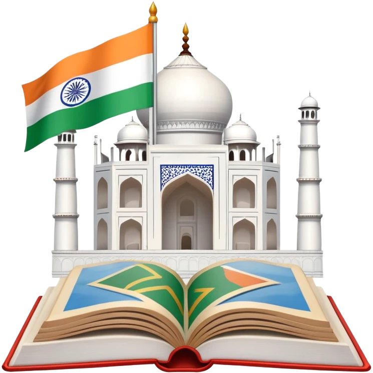 An icon featuring the Taj Mahal and the flag of India, symbolizing the Hindi language. The design includes an open book, representing language learning and cultural richness. Transparent background highlights the heritage of India. emoji