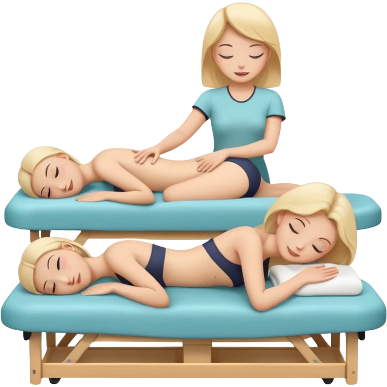 A cute emoji-style illustration of a girl lying on a massage table during a relaxing massage session, while another girl gently gives her a back massage. Soft colors, peaceful atmosphere, simple rounded emoji-like shapes, friendly and wholesome. emoji