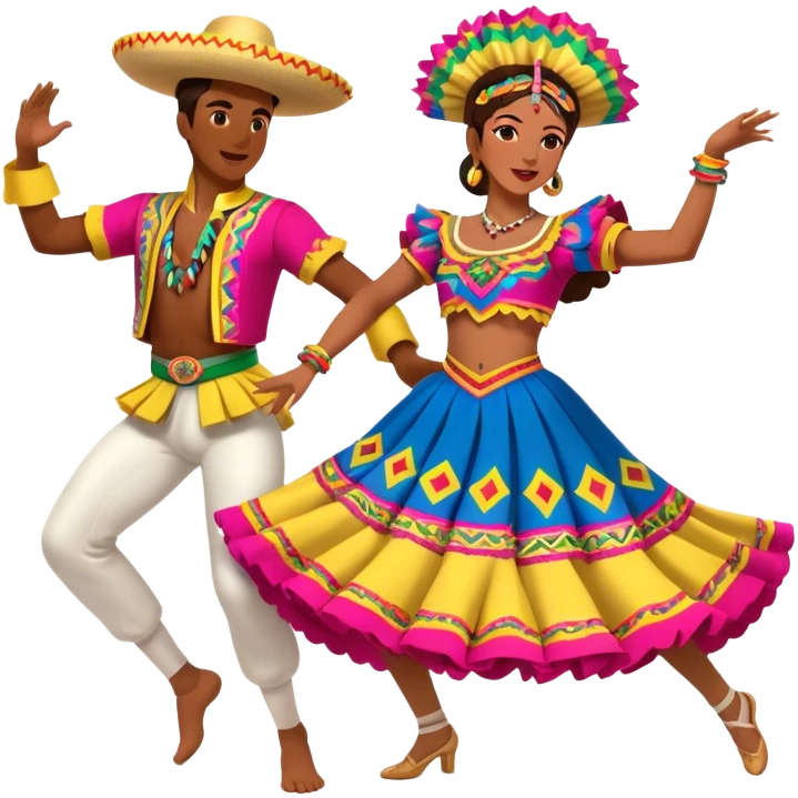 Cinematic Realistic scene of two dancers performing Cumbia, adorned in colorful traditional Colombian costumes with intricate details, captured in rhythmic motion with lively, festive lighting emoji
