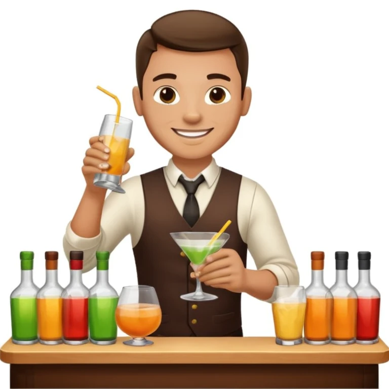 bartender mixing drinks, club backgroudn with bottles emoji