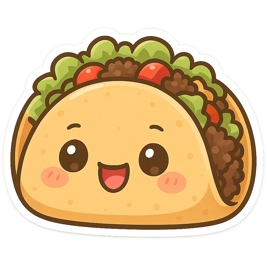 chibi sticker-style taco with a smiling face, cute and exaggerated emoji