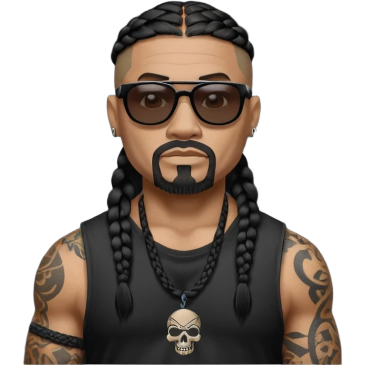 Samoan male. Chin goatee with no hair upper lip
Untucked loose fitting black t-shirt. 
long black braided hair.
very muscular.
Even More tattoos. 
Tough and menacing.
Dark black square sunglasses. emoji