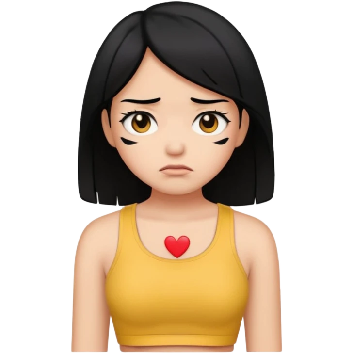 OnlyFans model with black hair, wearing a crop top, looking sad, emoji style emoji