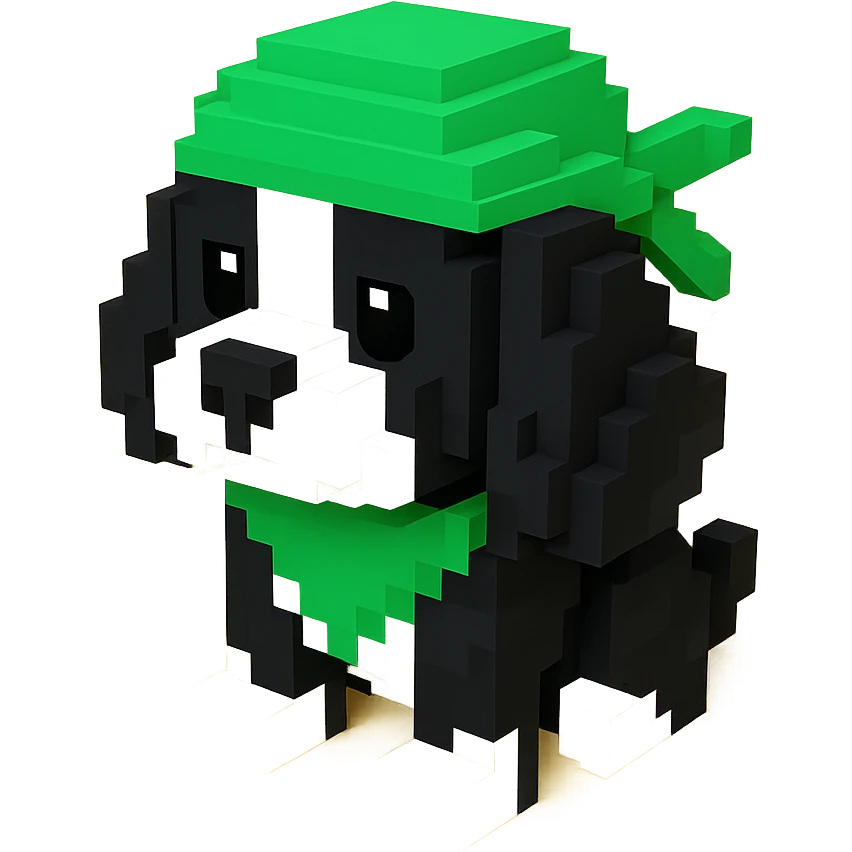 A black and white Russian Cocker Spaniel puppy wearing a green durag, voxel style, standing emoji