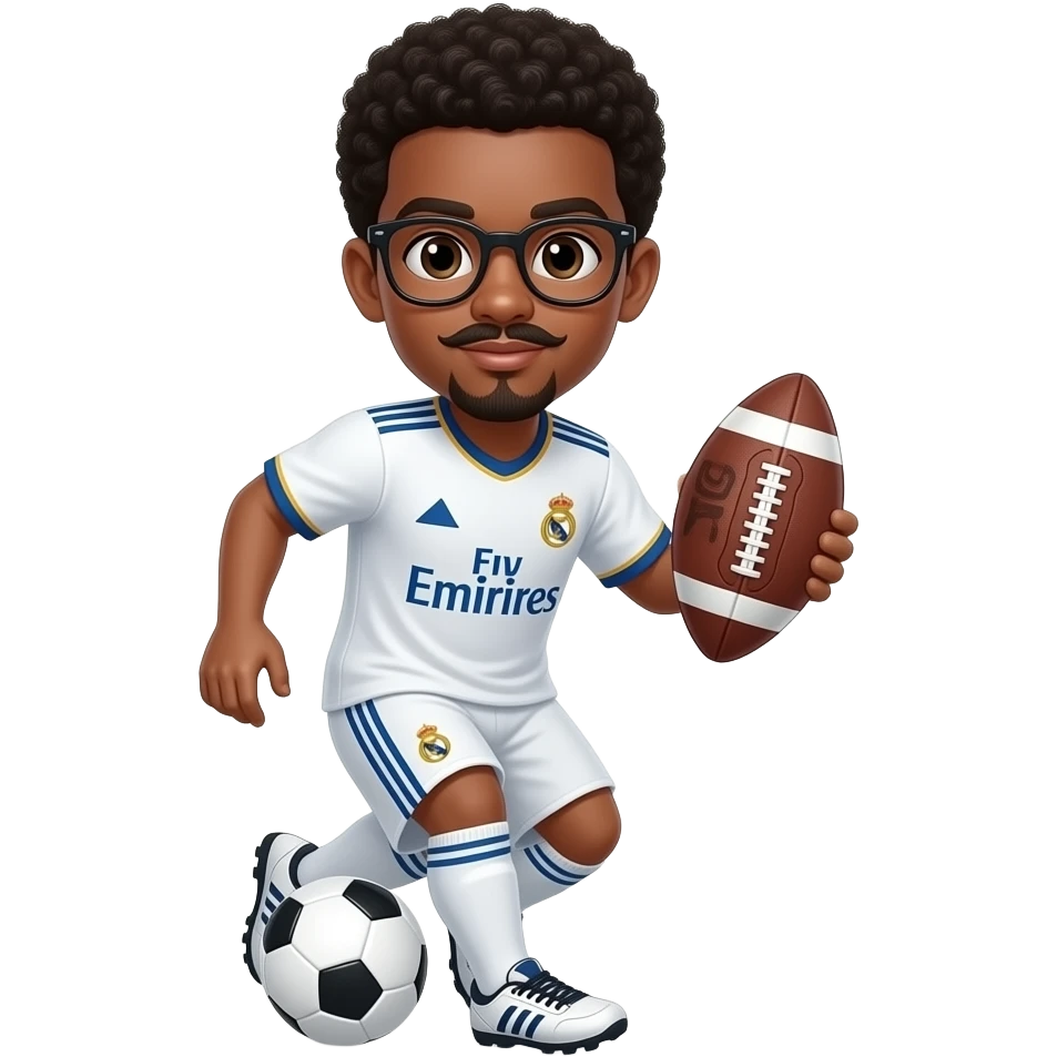black boy with glasses playing football with a madrid jersey and little mustache and beard emoji