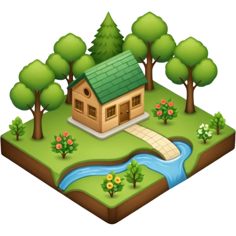 An icon featuring a local map, symbolizing local gardening. The design includes a different trees, and 1 tiny wooden house, representing the unique geography and culture of a specific area. Transparent background highlights the exploration of local history and environment. emoji