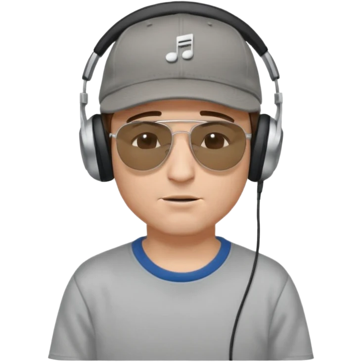 emojis.com dj-man-white-with-baseball-cap---rayban-sun-glasses-80s---brown-hair---closed-eyes-with-headphones-on-with-musical-note-over-head-(listening-to-music-)---eyes-closed-no-glasses---black-hat--musical-notes EYS c losed  grey sweatshirt emoji