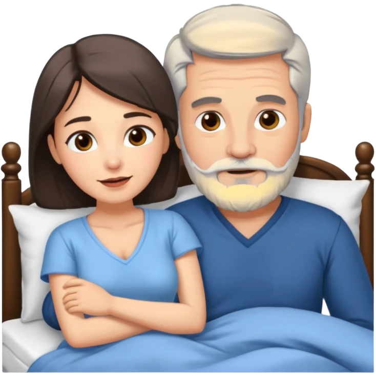 Grey haired man with beard, and brunette woman in bed  emoji