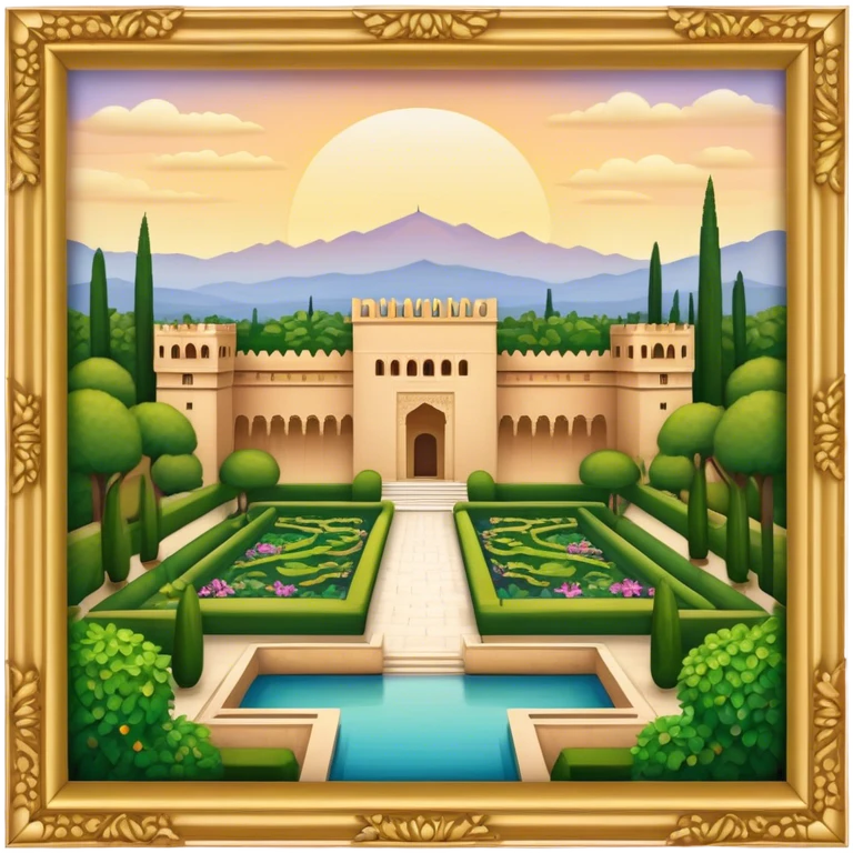 Cinematic Realistic Alhambra Landmark Emoji, showcasing the ornate historic palace with lush gardens rendered with rich textures and soft, majestic lighting. emoji