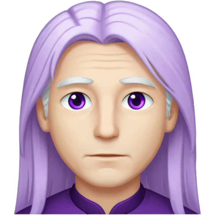 Beyaz uzun ve düz saçları olan,mor göz rengi olan, bembeyaz tenli bir erkek,genç,gözleri hafif çekik ve saçları da teni de bembeyaz olacak,genç olacak,kırışıklığı olmayacak,gözleri çekik ve mor renk olacak emoji