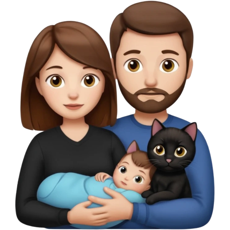1 mom brown hair, 1 dad no beard, 1 baby and 1 black cat emoji