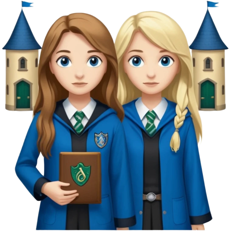 a pretty ravenclaw girl with long brown hair and blue eyes standing with a hot Slytherin girl with long blonde hair, blue eyes emoji