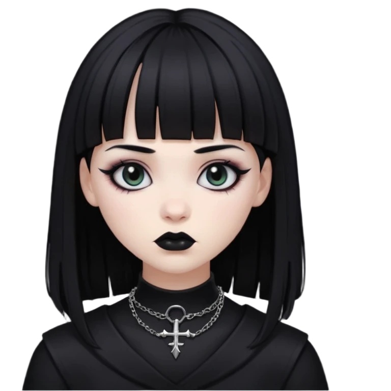 black goth with pale skin, dark makeup, black hair, with bangs emoji