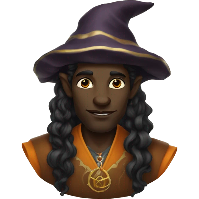  A black male high elf that is a witch fortune teller that has large, pointed ears with long black curly hair past his back emoji