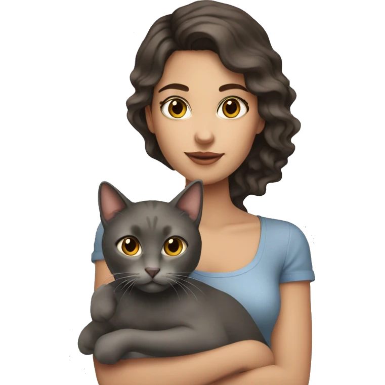 pretty wavy brunette woman with brown eyes holding grey cat emoji