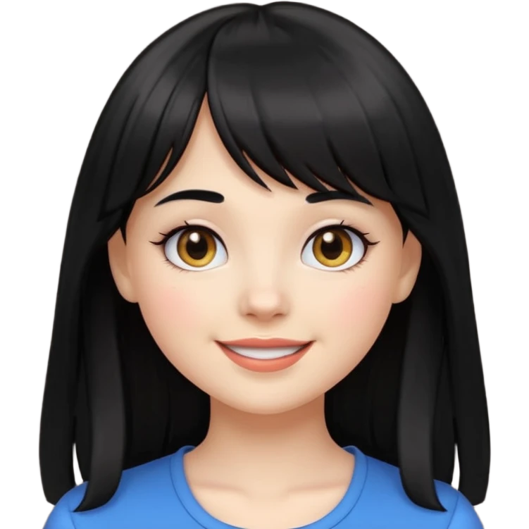 pretty white girl with long black hair and thick bangs, very dark brown eyes, simple facial features, round face, emoji style emoji