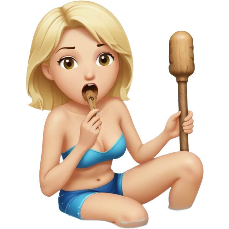blond woman sitting on her knees, biting a wide stick with a D-shaped knob, both the same color as her skin, the knob has visible skin texture, water jet shooting from the flat side of the knob into her mouth, surprised look emoji