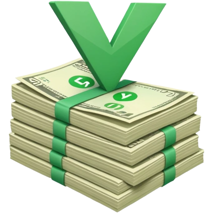 stack of bills facing up with green checkmark in the background emoji