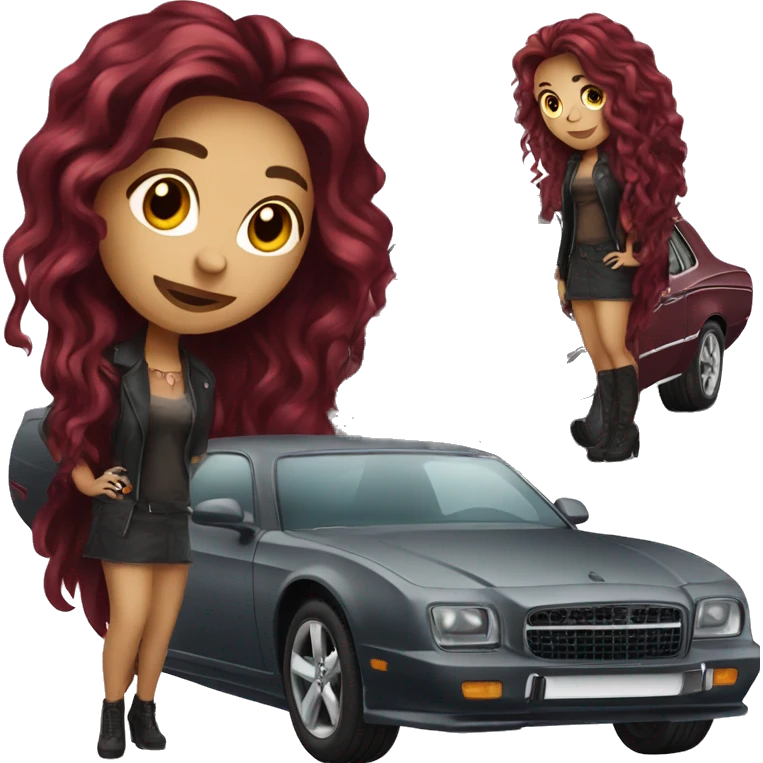 Beautiful tattooed burgundy long haired woman standing next to a car emoji