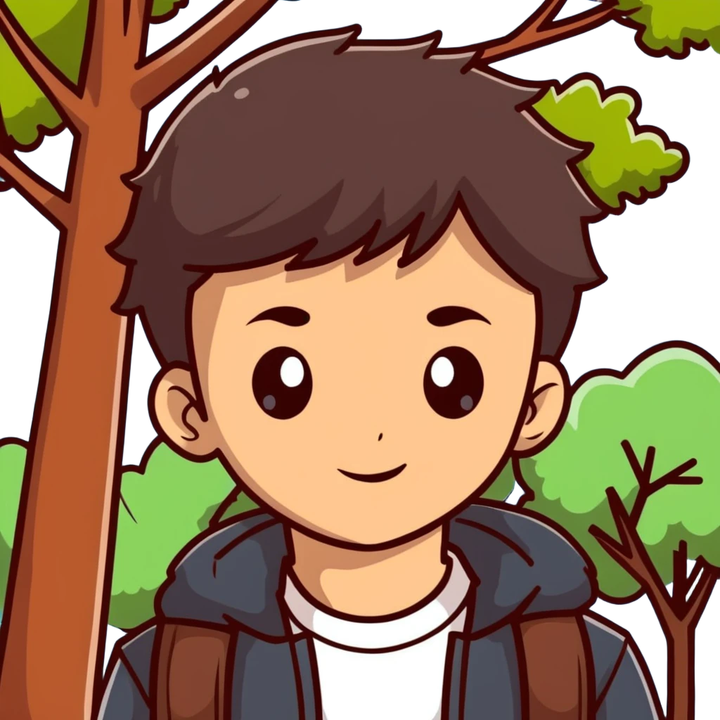 boy with straight brunette hair brown eyes and tree behind emoji