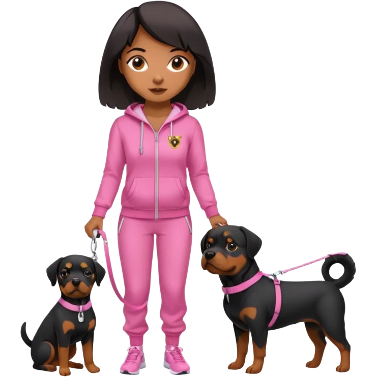Rottweiler on one leash by African American woman in all pink track suit emoji