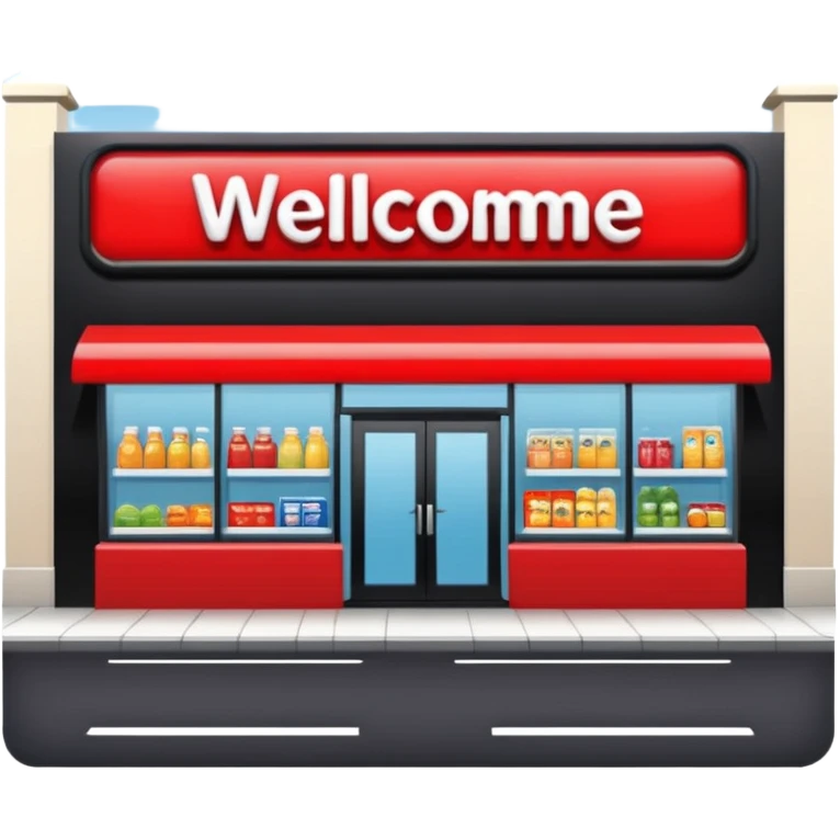 create a supermarket shop front that is red in nature and looks like wellcome emoji