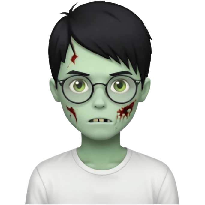 zombie boy with long side-swept black emo hair, round glasses, white shirt, pale green skin emoji