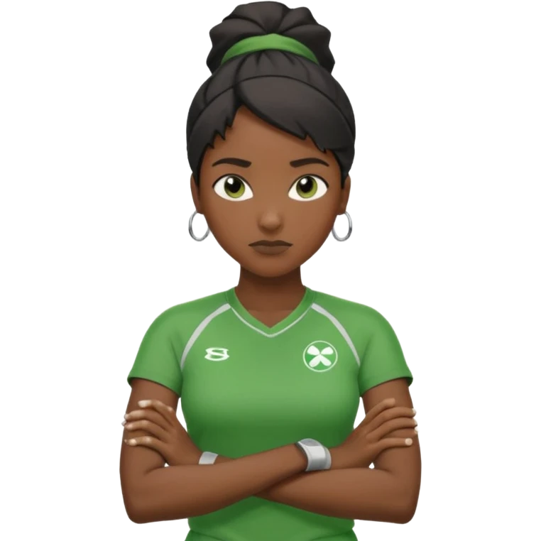 A calm black female coach with folded arms, analyzing the game with sharp focus, green clothes emoji