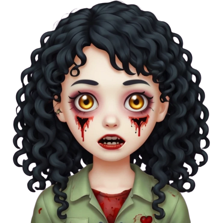 Emoji garota zombie com cabelo preto cacheado longo com franja cacheada sem volume emoji