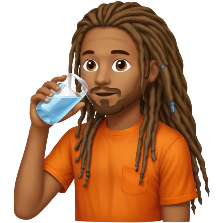 Brownskin man with long dreadlocks orange shirt drinking water emoji