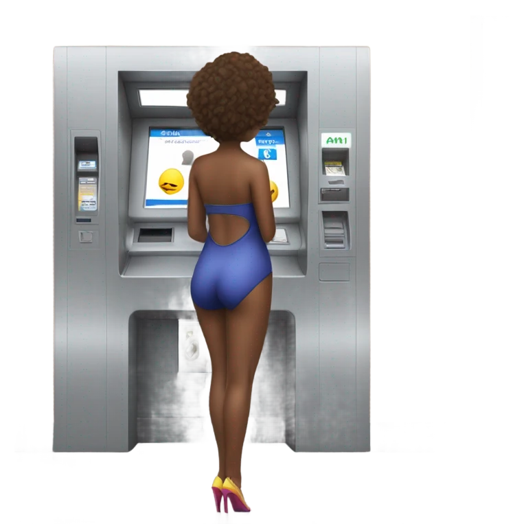 Girl in swimming suit and platform heels waiting for a man using an ATM emoji