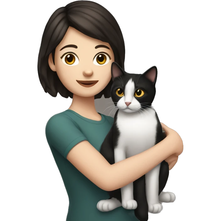 white woman with short dark brown hair holding one black and white cat emoji