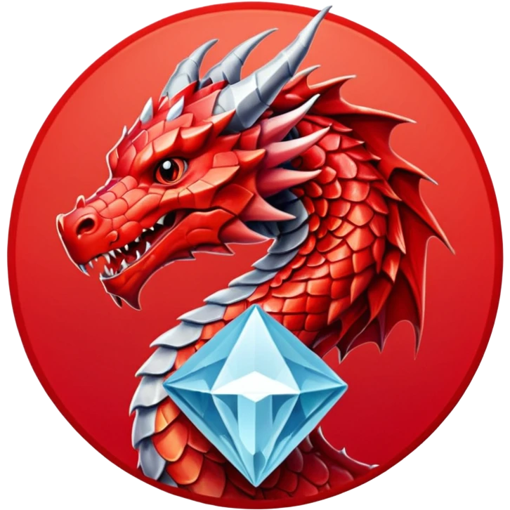 red dargon with the logo behind of a red cirlce with dimond shave with a cube red achritey emoji