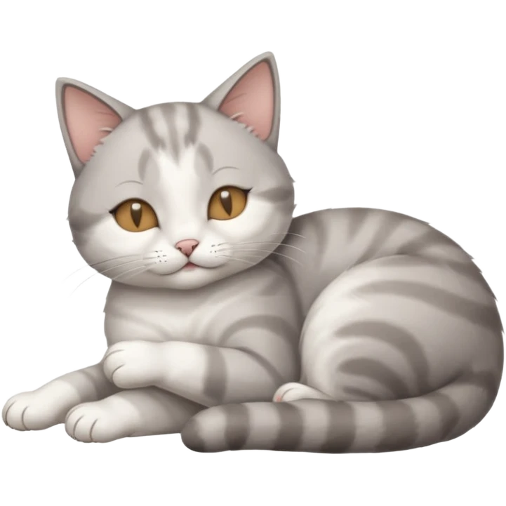 grey and white small cat with its eyes closed lying down with its paw holding up his head emoji