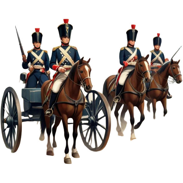 A vintage movie poster-style design depicting a dramatic Napoleonic War scene. Include soldiers in period uniforms, cannons, and a battlefield with flags and horses. The background should evoke a sense of battle and history, with old-fashioned cinematic flair. Transparent background. emoji